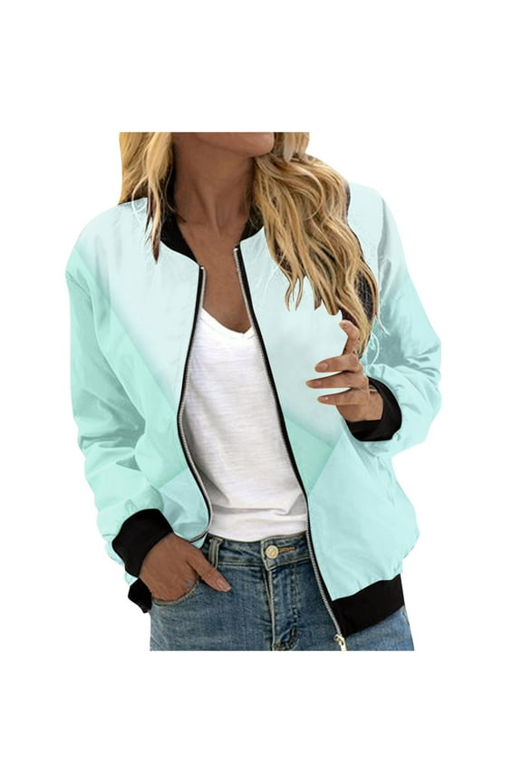 Women's Stand Collar Zip Up Color Block Jacket Trendy Vacation Coat Lightweight Short Outerwear With Pockets