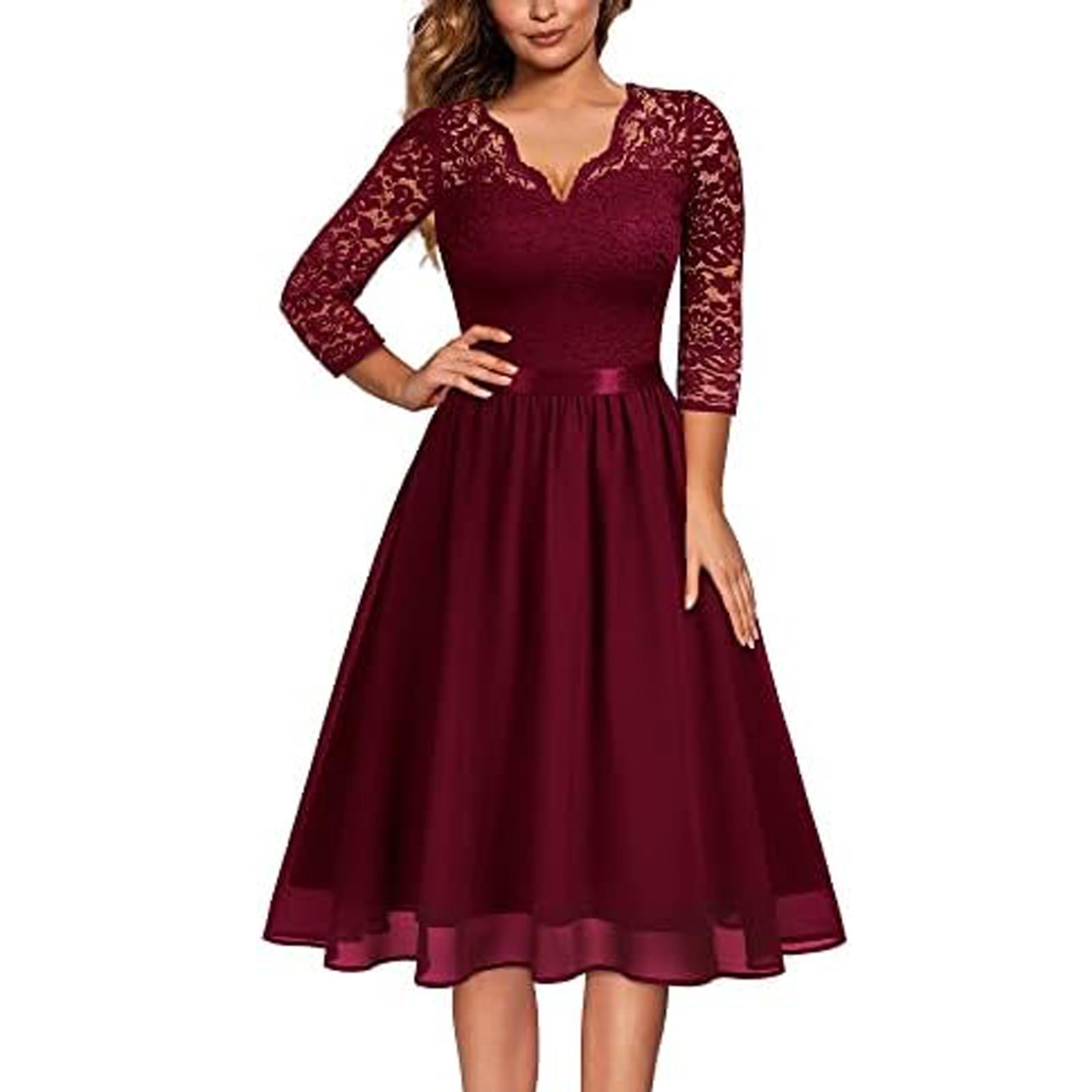 BZGTZT Women's Vintage Floral Lace 3/4 Sleeve A-Line Bridesmaid Party Dress  Cocktail Party Midi Dresses - Walmart.com