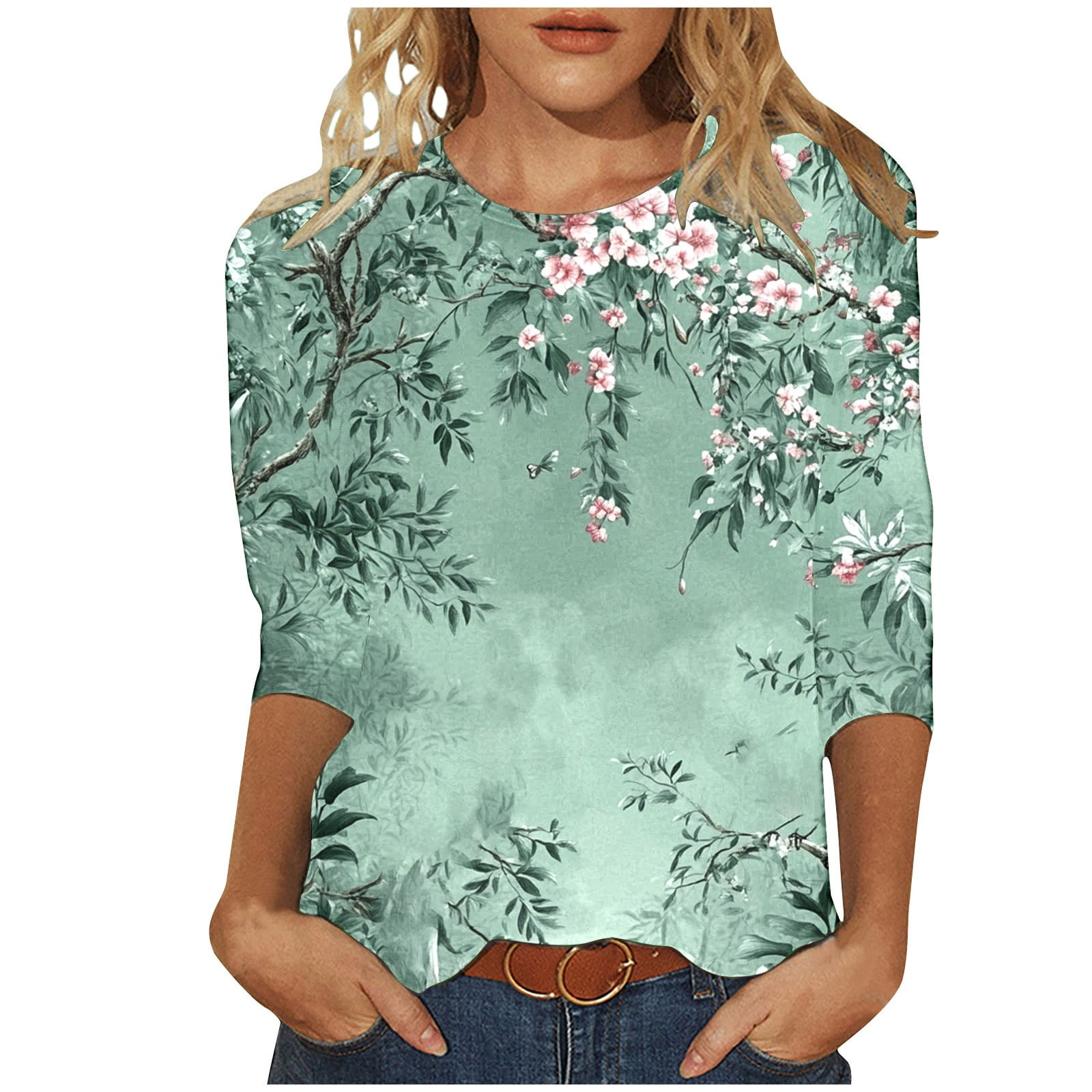 BZGTZT Womens 3/4 Length Sleeve Tops Trendy 2025 Spring Shirts Floral