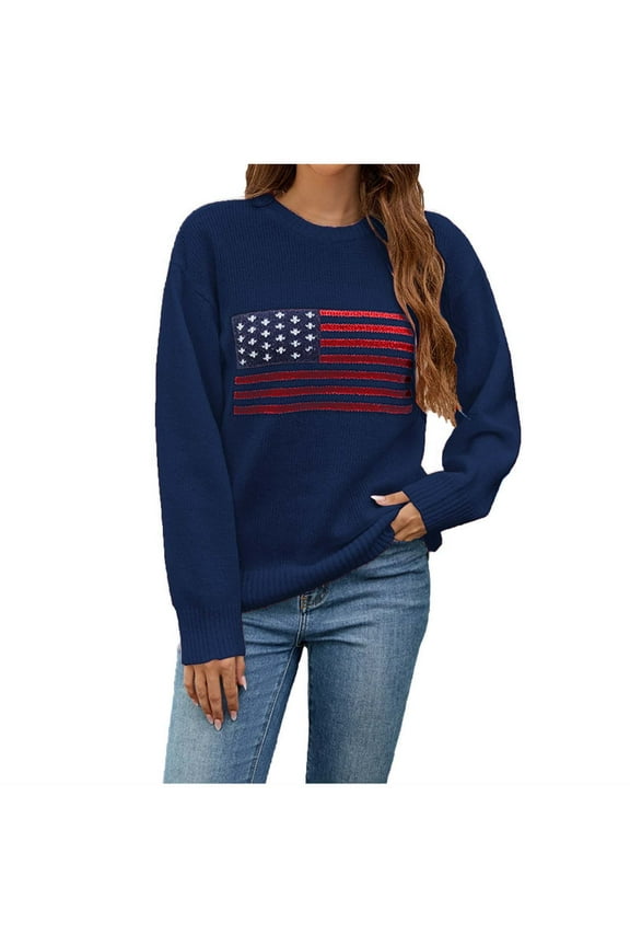 Womens American Flag Sweater Long Sleeve Crew Neck Knitted Casual Pullover Sweater