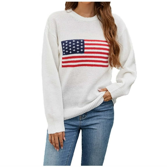BZGTZT Womens American Flag Sweater Long Sleeve Crew Neck Knitted Casual Pullover Sweater