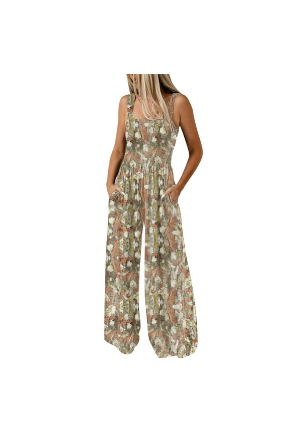 Womens Boho Overalls Casual Floral Print Sleeveless Jumpsuit High Waist Wide Leg Long Pants Romper with Pockets