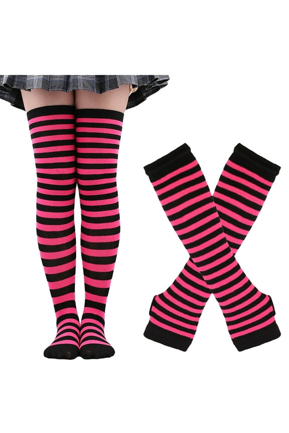 Womens Christmas Striped High Socks Gloves Thigh High Socks Fingerless Gloves Knit Arm Warmers Thumb Hole Glove