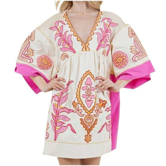 BZGTZT Womens Embroidered Dresses with V-Neck and 3/4 Sleeves Loose Fit Vintage Embroidery Pleated Babydoll Dress