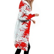 BZGTZT Womens Halloween Bloody Print Long Hoodie Casual Drawstring Jacket Comfy Loose Fashion Coats With Pockets