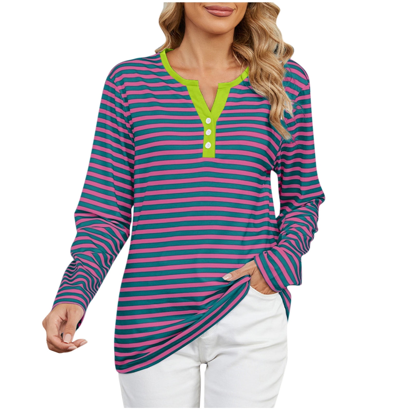 BZGTZT Womens V Neck Henley Tops Trendy Striped Button Up Tunic Shirt