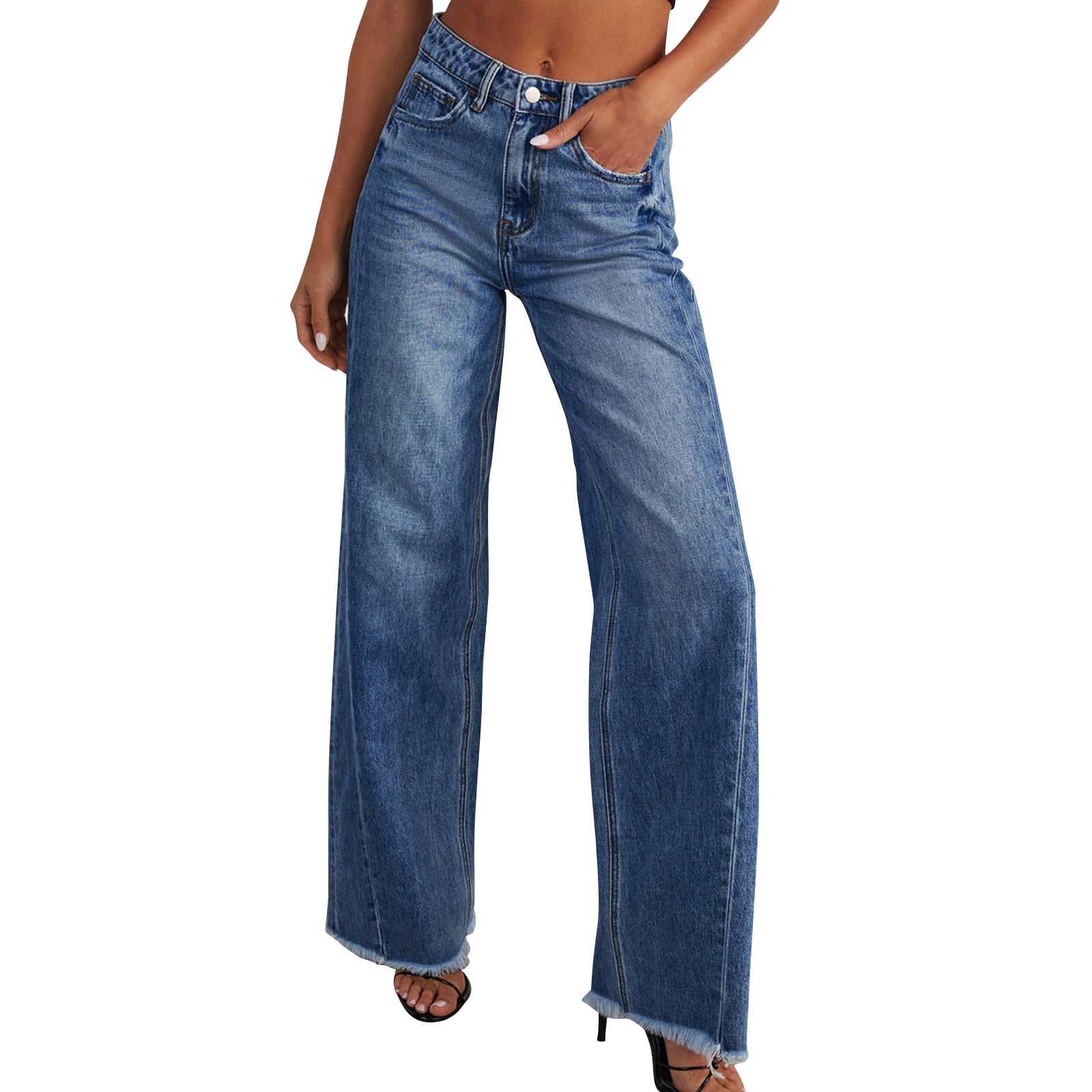 Women's Wide Leg Jeans High Waisted Stretchy Raw Denim Pants main image 1