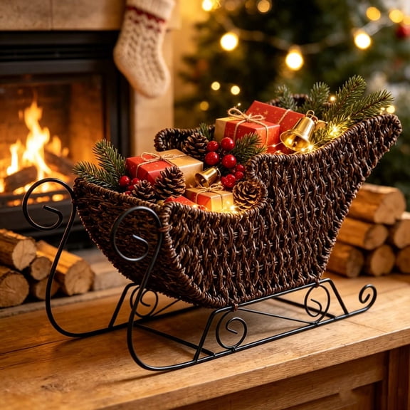 BZGTZT Woven Christmas Sleigh Decor, Rattan Sled Tabletop Centerpiece with Metal Scroll Base, Rustic Sleigh Basket for Holiday Mantel Table Home Decoration
