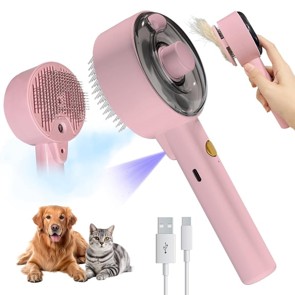 BZH Pet Spray Massage Brush with UV Light, 4 in 1 Detangling Spray Depilatory Brush for Hair Removal, Depilator with Release Button. Suitable for Indoor Long or Short Hair Dogs, Cats, Rabbits (Pink)