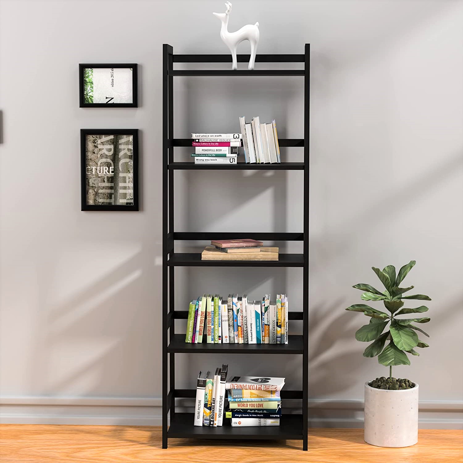BZH Storage Book Shelves, 5 Tier Tall Bookcase, Modern Open Ladder