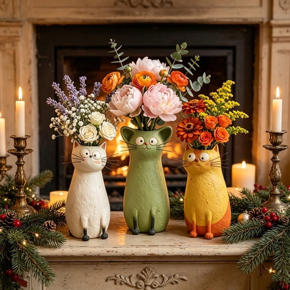 BZPIZ 2026 NEW Handcrafted Quirky Cat Vase, Whimsical Cat Flower Vase, Funny Cat Planter for Desk, Shelf, Boho Home Decor, Unique Gift for Cats Lovers Home Essentials Green