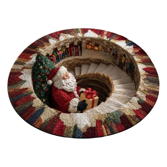 BZPIZ 24" Christmas Round Rug, 3D Optical Illusion Santa Claus Spiral Staircase Area Rug, Polyester Holiday Floor Mat for Living Room Bedroom Entryway