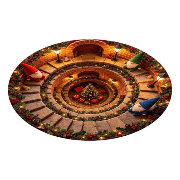 BZPIZ 24“ Christmas Round Rug, 3D Optical Illusion Train Tunnel Prank Rug, Christmas Train Holiday Floor Mat for Living Room Bedroom Entryway