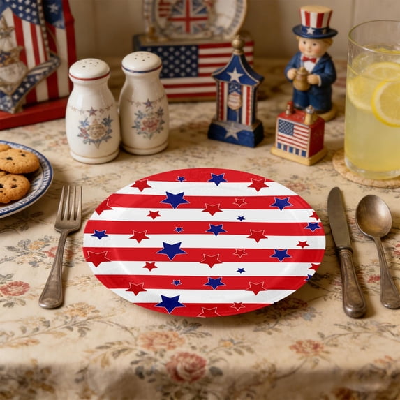 BZPIZ 25Pcs Independence Day Party Tableware, 4th of July Decorations Plates, Red White Blue Disposable Paper Plates Patriotic American Flag Party Supplies,Memorial Day Decorations