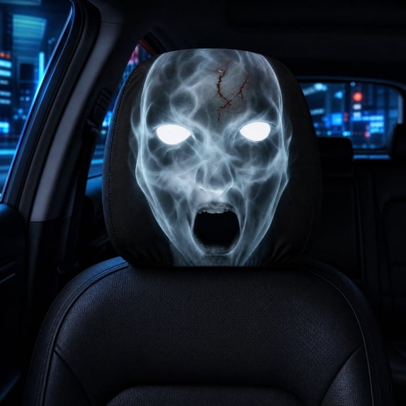 BZPIZ 2PCS Ghost Face Headrest Covers, Creative Car Headrest Covers Scary Face Printing Auto Seat Universal Elastic Models Headrest Protector for Auto, Vehicle, Truck, SUV, Washable Elastic Fabric