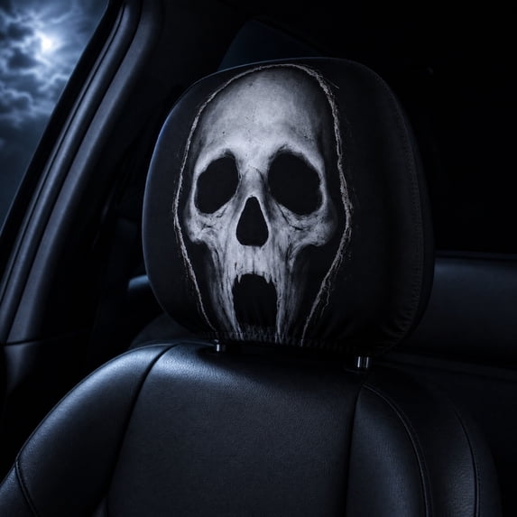 BZPIZ 2PCS Ghost Face Headrest Covers, Creative Car Headrest Covers Scary Face Printing Auto Seat Universal Elastic Models Headrest Protector for Auto, Vehicle, Truck, SUV, Washable Elastic Fabric