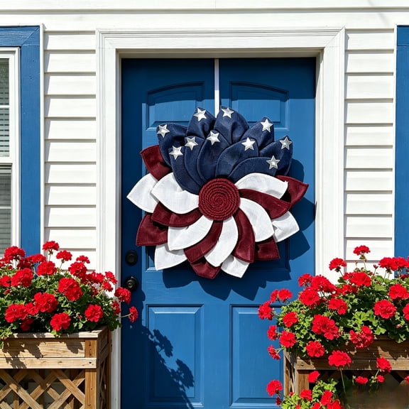 BZPIZ 4th of July Wreath 17.7" Handcrafted Memorial Day Patriotic Americana Wreath Festival Garland Decoration for The Front Door Memorial Day American Printed Home Decoration for Indoor and Outdoor