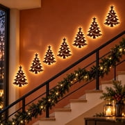 BZPIZ 7 Piece Lighted Christmas Wall Decorations, Wooden Christmas Tree Wall Decor with Warm LED Lights for Living Room Bedroom Hallway Entryway Holiday Home Decor