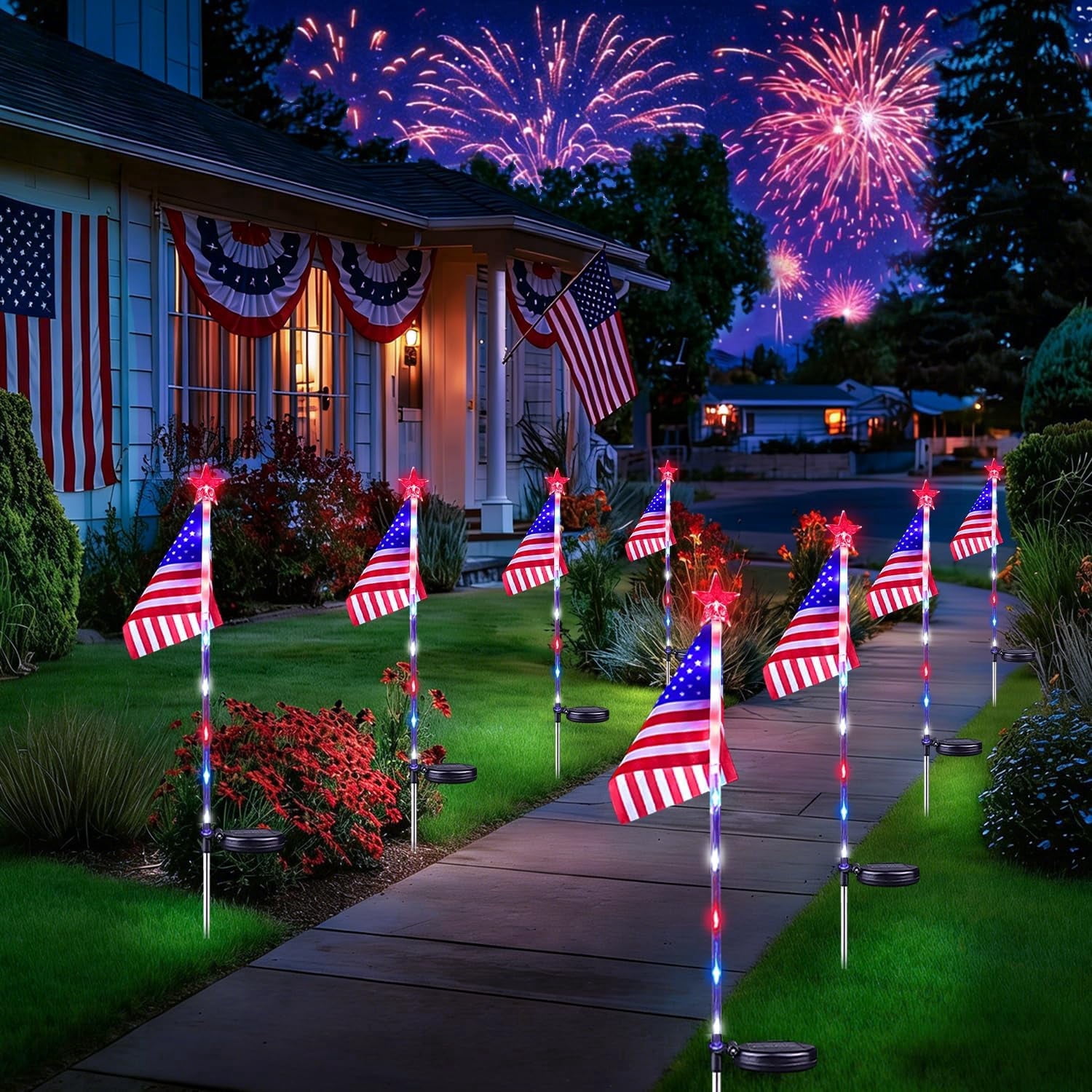 BZPIZ American Flag Solar Lights Outdoor, 4th of July Decorations Red White and Blue Star Lights, 2 Modes Waterproof Patriotic Lights for Anniversary Independence Memorial Day Garden Yard