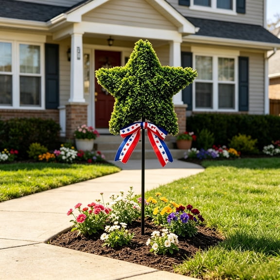 BZPIZ Artificial Five-Pointed Star Shaped Topiary Trees, 4th of July Decorations, Red White Blue Patriotic Boxwood Trees for Planter Porch Garden Decor Independence Day & Memorial Day Decorations