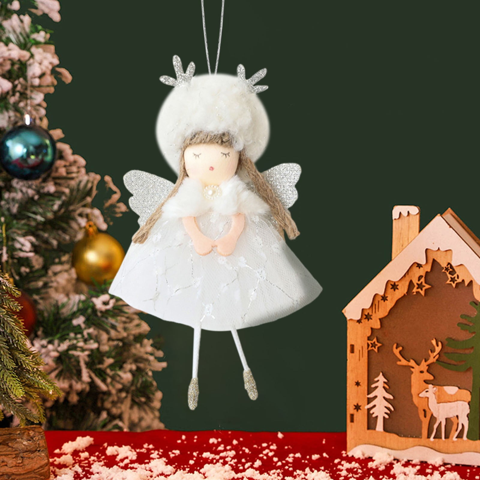 BZPIZ Christmas Decorations Yarn Skirt Antlers with Angel Pendant Cute