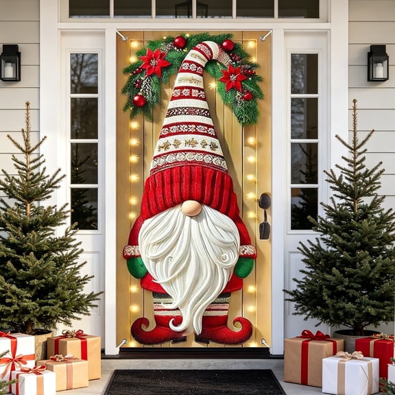 BZPIZ Christmas Door Cover, Gnome Wreath Front Door Banner, 35.4 x 70.9 Inch One-Sided Christmas Door Decoration for Home Entryway Wall Classroom Party