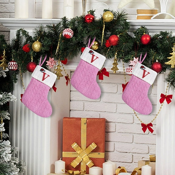 BZPIZ Christmas Stockings with Letters,Pink Letter V Embroidered Knitted Socks for Holiday Christmas Party Family Decor