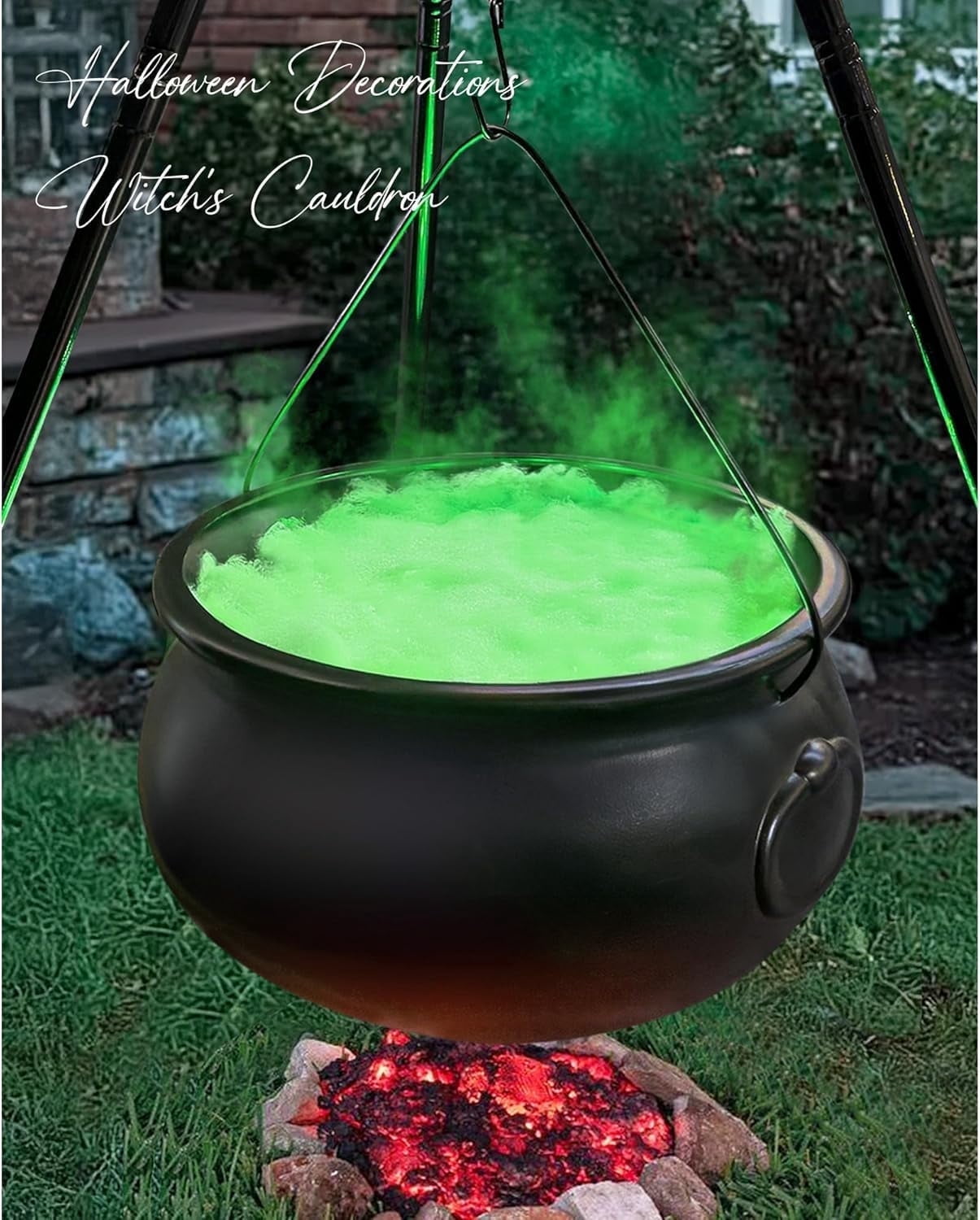 BZPIZ Halloween Decorations Outdoor Large Witches Cauldron on Tripod with Lights Halloween Decor Black Plastic Bowl on Tripod with Lights Decoration for Home Porch Garden Party