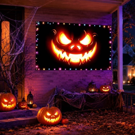 BZPIZ Halloween Glowing Pumpkin Flag, Pumpkin Wall Tapestry with LED Lights for Indoor Outdoor Halloween Yard Garden Decorations