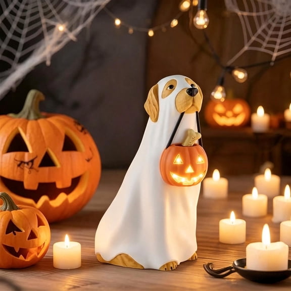 BZPIZ Halloween LED Ghost Dog, Lighted Up Spooky Ghost Golden Retriever Dog with Pumpkin Light for Indoor Outdoor Yard Porch Garden Fall Halloween Decorations