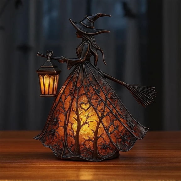 BZPIZ Halloween Witch Lamp, Stained Resin Witch Hat Lamp, Spooky Decorative Table Night Light for Home, Porch, Tabletop Decor
