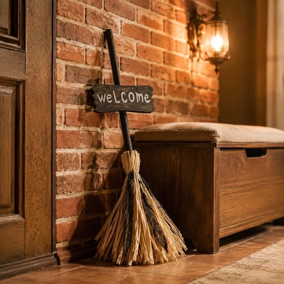 BZPIZ Halloween Witches Broom, Floating Witch Broom with Welcome Sign Halloween Decorations Animated Light up Moving Broomstick with Spooky Sounds