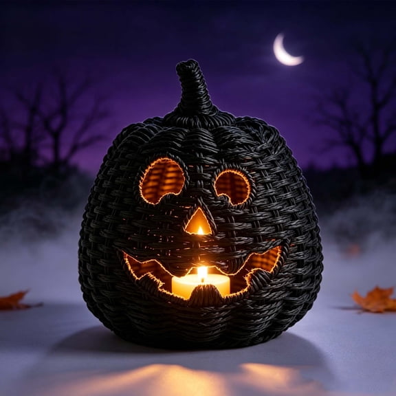 BZPIZ Halloween Woven Black Pumpkin Lantern for Candy Storage, Handmade Pumpkin Halloween Decorations for Porch Table Fireplace Indoor Outdoor Party