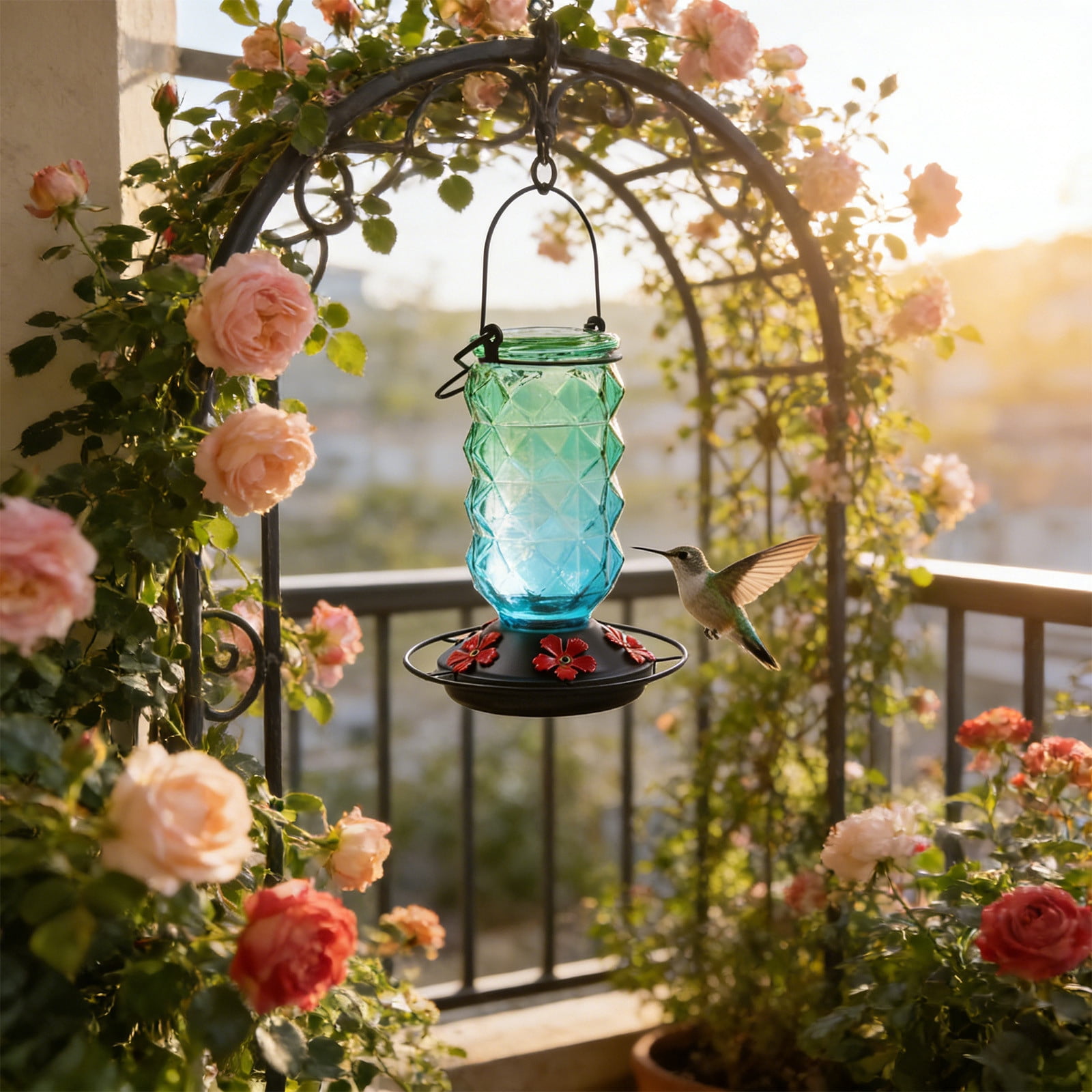 BZPIZ Hummingbird Feeders for Outdoors, Hanging Glass Bowl Hummingbird Feeder with Flower Shaped Feeding Ports, Bird Baths for Hummingbirds, Garden Patio Backyard Lawn Decor Green
