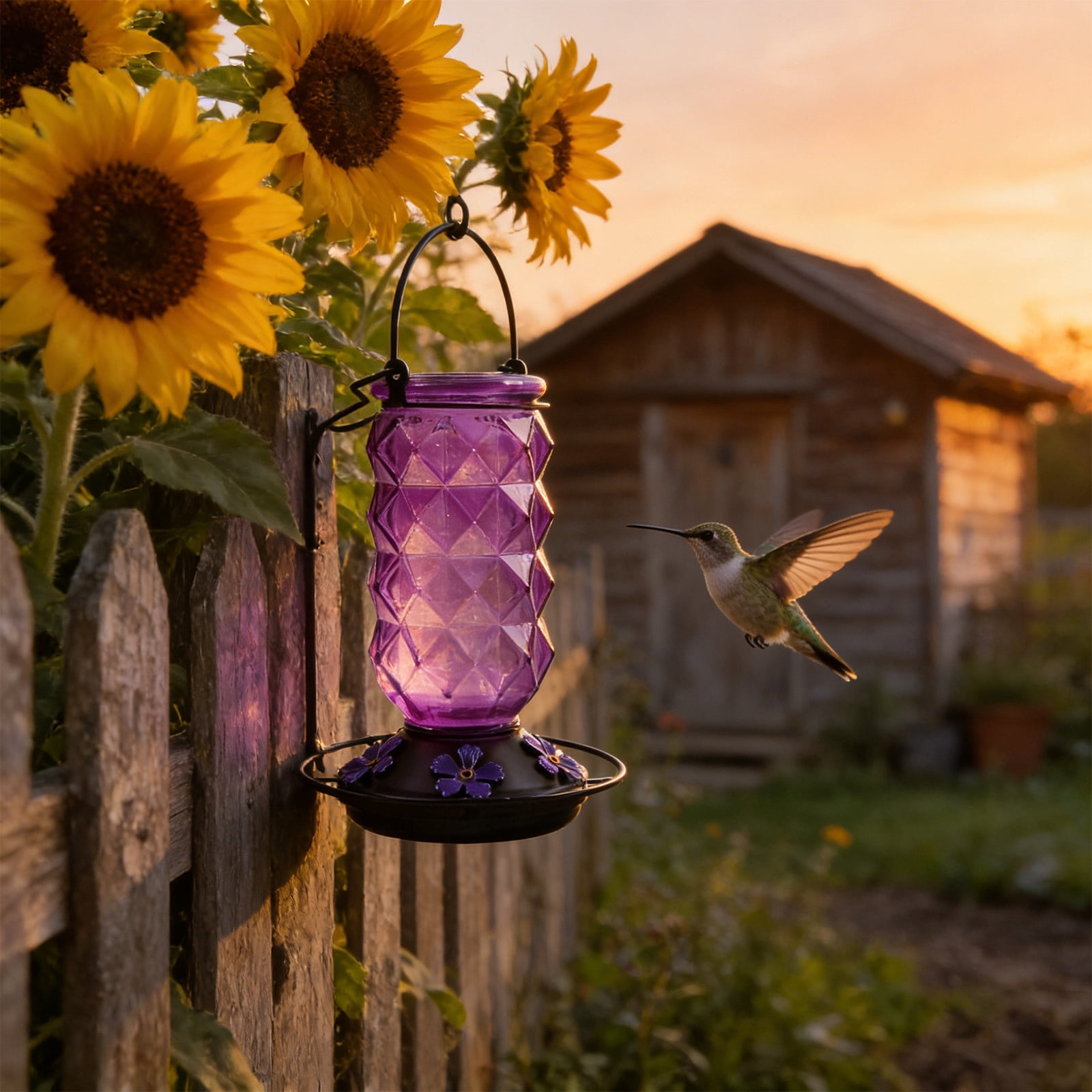 BZPIZ Hummingbird Feeders for Outdoors, Hanging Glass Bowl Hummingbird Feeder with Flower Shaped Feeding Ports, Bird Baths for Hummingbirds, Garden Patio Backyard Lawn Decor Purple