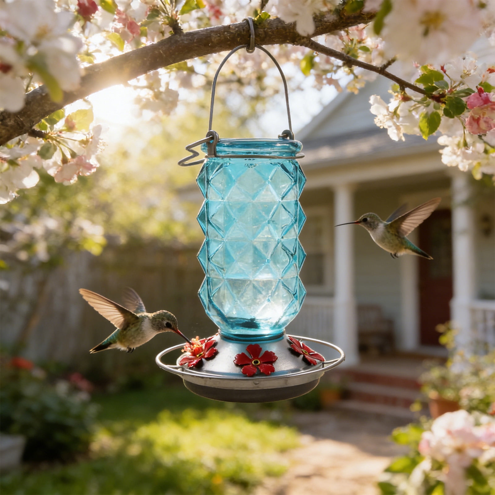 BZPIZ Hummingbird Feeders for Outdoors, Hanging Glass Bowl Hummingbird Feeder with Flower Shaped Feeding Ports, Bird Baths for Hummingbirds, Garden Patio Backyard Lawn Decor Blue