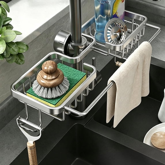 BZPIZ Kitchen Sink Faucet Organizer, Double Side Sponge Holder Over Faucet with Hook & Dishcloth Rod for Home Kitchen Bathroom Silver