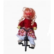 BZPIZ Motion Activated Halloween Tricycle Doll, Creepy G*irl Doll with Glowing Red Eyes, Laughter Sound and Shaking Effect, 13.39-Inch Haunted House Decor
