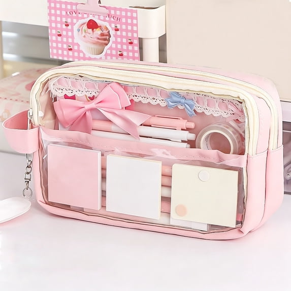 BZPIZ Pencil Pouch, Colored Large 2 Separate Zippered Compartments Pencil Case for Students, Waterproof Clear Pencil Bag Wide Opening, School Supplies for Teen Boys & Girls Pink