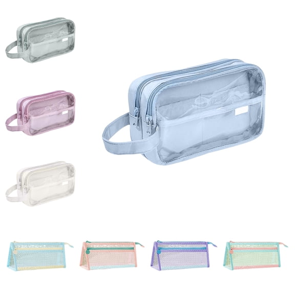 BZPIZ Pencil Pouch, Colored Large 2 Separate Zippered Compartments Pencil Case for Students, Waterproof Clear Pencil Bag Wide Opening, School Supplies for Teen Boys & Girls Blue