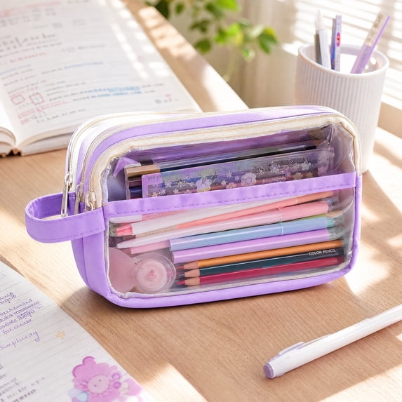 BZPIZ Pencil Pouch, Colored Large 2 Separate Zippered Compartments Pencil Case for Students, Waterproof Clear Pencil Bag Wide Opening, School Supplies for Teen Boys & Girls Purple