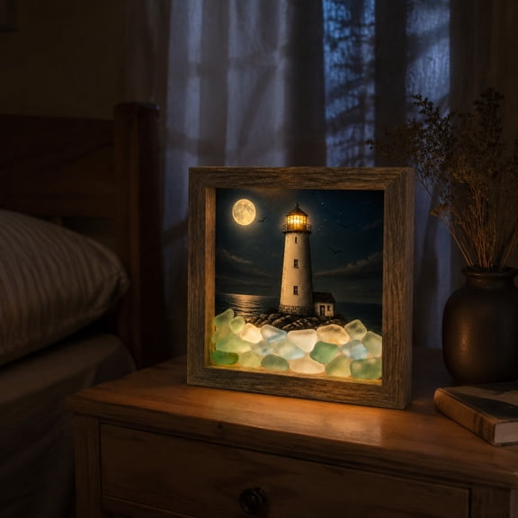 BZPIZ Sea Glass Shadow Box Night Light, Coastal Lighthouse Beach Ocean Decor Ambient Lamp, Handmade Seascape Art Frame Decor for Bedroom Living Room Shelf