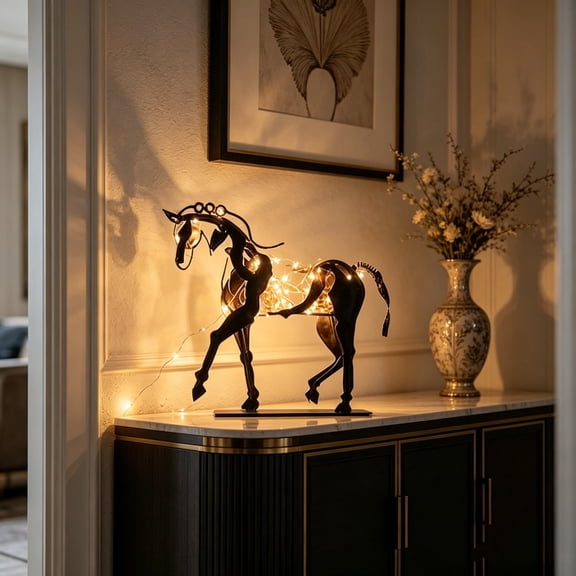 BZPIZ Vintage Horse Metal Desk Light, Sculpture Tabletop Ornament with Warm String Lights for Office Living Room Bedroom Upscale Indoor Home Decor Display