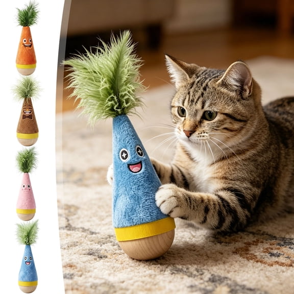 BZPIZ Wooden Wobble Cat Toys, Natural Beechwood Self-Righting Tumbler Interactive Silent Cat Toys for Indoor Cats & Kittens