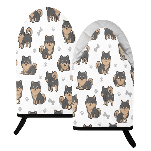 BZSMCE 2 Pack Black Pomeranian German Spitz Print Heat Resistant Cotton Oven Mitts for Kitchen BBQ Baking