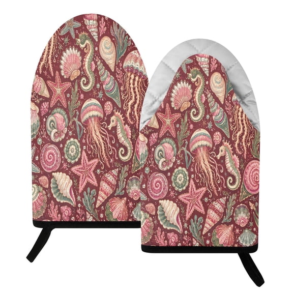 BZSMCE 2 Pack Colorful Jellyfish Shells Print Heat Resistant Cotton Oven Mitts for Kitchen BBQ Baking