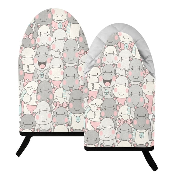 BZSMCE 2 Pack Cute Baby Hippo Print Heat Resistant Cotton Oven Mitts for Kitchen BBQ Baking