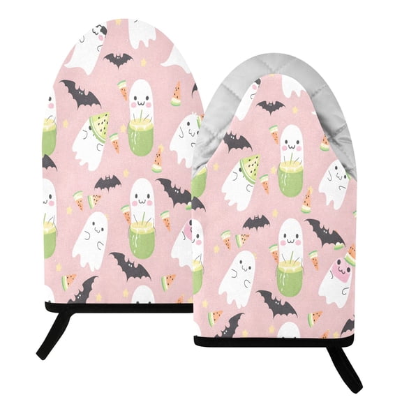 BZSMCE 2 Pack Cute Ghost Bat Pattern Print Heat Resistant Cotton Oven Mitts for Kitchen BBQ Baking