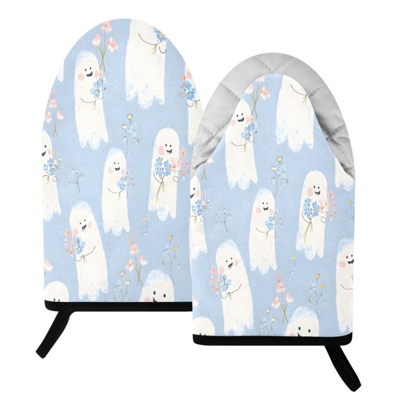 BZSMCE 2 Pack Cute Hand Drawn White Ghost Pattern Print Heat Resistant Cotton Oven Mitts for Kitchen BBQ Baking