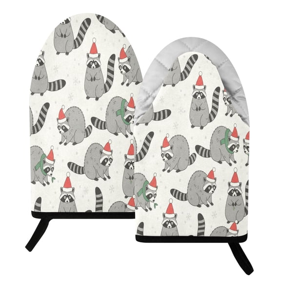 BZSMCE 2 Pack Cute Racoon Santa Hat Print Heat Resistant Cotton Oven Mitts for Kitchen BBQ Baking